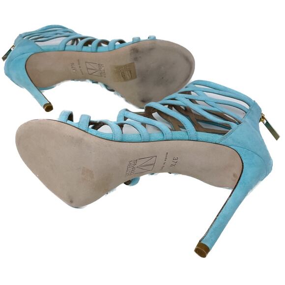 Tamara Mellon aqua/turquoise suede cage strap stiletto sandals size 37.5 US7-7.5 - Picture 6 of 14